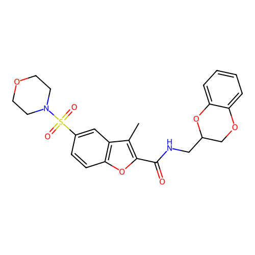 N-(2,3-dihydro-1,4-benzodioxin-2-ylmethyl)-3-methyl-5-(morpholin-4-ylsulfonyl)-1-benzofuran-2-carboxamide structure