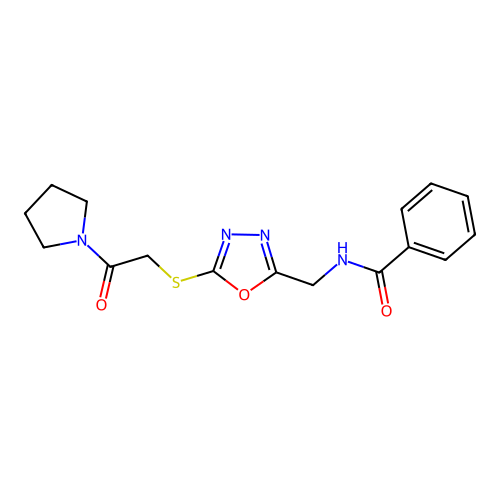 N-((5-((2-oxo-2-(pyrrolidin-1-yl)ethyl)thio)-1,3,4-oxadiazol-2-yl)methyl)benzamide structure