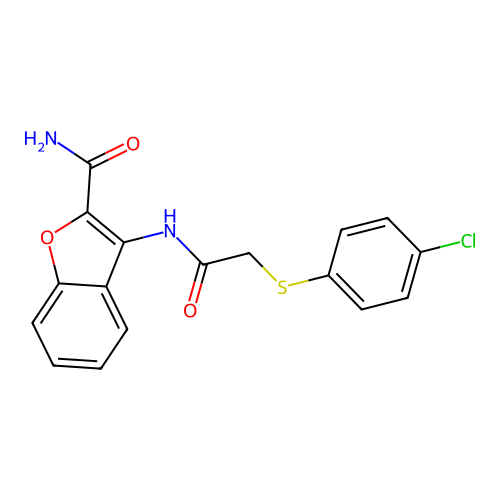 3-(2-((4-Chlorophenyl)thio)acetamido)benzofuran-2-carboxamide structure
