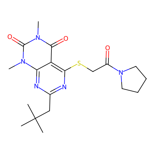 1,3-dimethyl-7-neopentyl-5-((2-oxo-2-(pyrrolidin-1-yl)ethyl)thio)pyrimido[4,5-d]pyrimidine-2,4(1H,3H)-dione structure