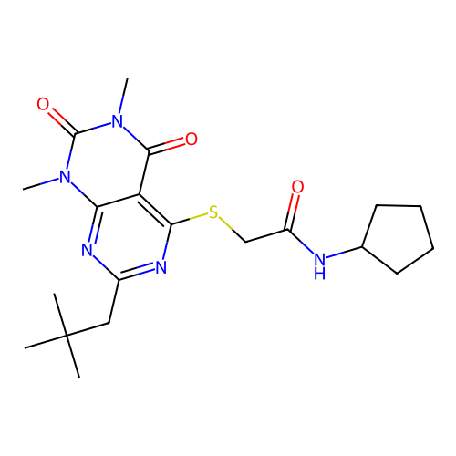 N-cyclopentyl-2-((6,8-dimethyl-2-neopentyl-5,7-dioxo-5,6,7,8-tetrahydropyrimido[4,5-d]pyrimidin-4-yl)thio)acetamide structure