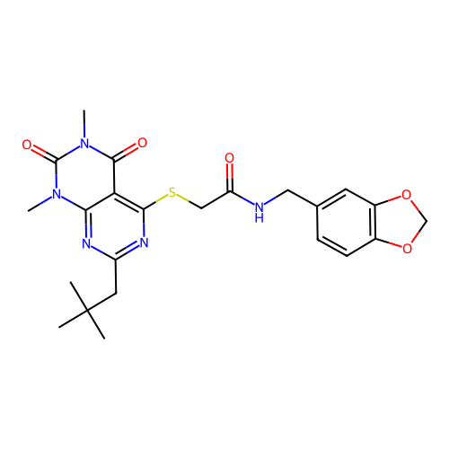 N-(benzo[d][1,3]dioxol-5-ylmethyl)-2-((6,8-dimethyl-2-neopentyl-5,7-dioxo-5,6,7,8-tetrahydropyrimido[4,5-d]pyrimidin-4-yl)thio)acetamide structure