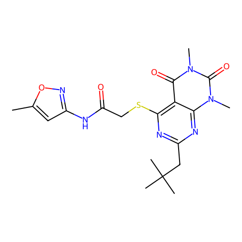 2-((6,8-dimethyl-2-neopentyl-5,7-dioxo-5,6,7,8-tetrahydropyrimido[4,5-d]pyrimidin-4-yl)thio)-N-(5-methylisoxazol-3-yl)acetamide structure
