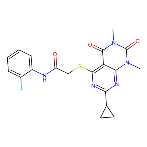 2-(7-cyclopropyl-1,3-dimethyl-2,4-dioxopyrimido[4,5-d]pyrimidin-5-yl)sulfanyl-N-(2-fluorophenyl)acetamide structure