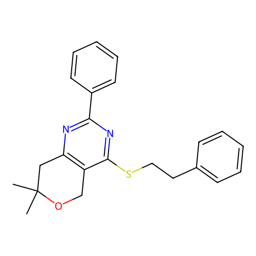 7,7-dimethyl-2-phenyl-4-[(2-phenylethyl)sulfanyl]-7,8-dihydro-5H-pyrano[4,3-d]pyrimidine structure