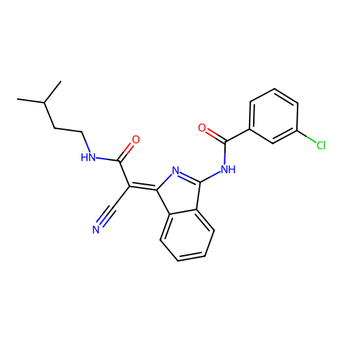 (Z)-3-chloro-N-(1-(1-cyano-2-(isopentylamino)-2-oxoethylidene)-1H-isoindol-3-yl)benzamide structure