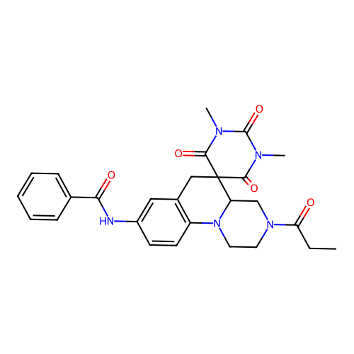 N-(1',3'-dimethyl-2',4',6'-trioxo-3-propanoyl-1',2,3,3',4,4',4a,6'-octahydro-1H,2'H,6H-spiro[pyrazino[1,2-a]quinoline-5,5'-pyrimidin]-8-yl)benzamide structure