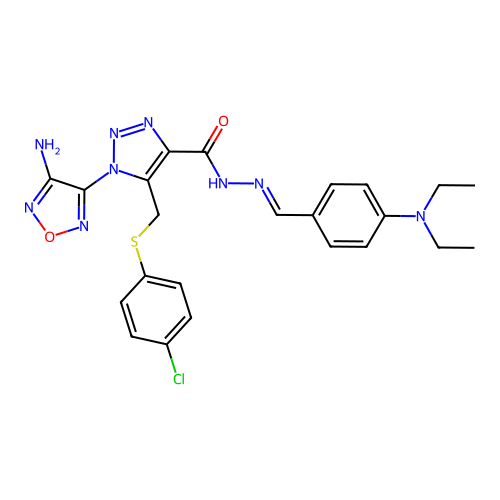 (E)-1-(4-amino-1,2,5-oxadiazol-3-yl)-5-(((4-chlorophenyl)thio)methyl)-N'-(4-(diethylamino)benzylidene)-1H-1,2,3-triazole-4-carbohydrazide structure
