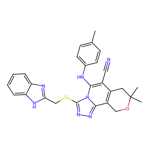 3-(((1H-benzo[d]imidazol-2-yl)methyl)thio)-8,8-dimethyl-5-(p-tolylamino)-8,10-dihydro-7H-pyrano[3,4-c][1,2,4]triazolo[4,3-a]pyridine-6-carbonitrile structure