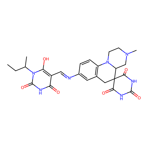 (Z)-8-(((1-(sec-butyl)-2,4,6-trioxotetrahydropyrimidin-5(2H)-ylidene)methyl)amino)-3-methyl-1,2,3,4,4a,6-hexahydro-1'H-spiro[pyrazino[1,2-a]quinoline-5,5'-pyrimidine]-2',4',6'(3'H)-trione structure