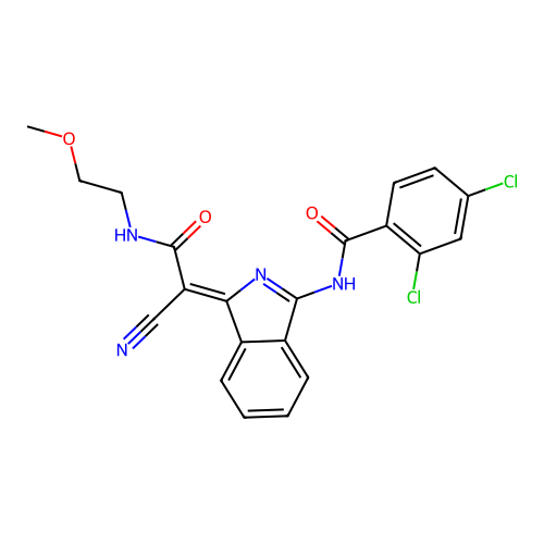 (Z)-2,4-dichloro-N-(1-(1-cyano-2-((2-methoxyethyl)amino)-2-oxoethylidene)-1H-isoindol-3-yl)benzamide structure