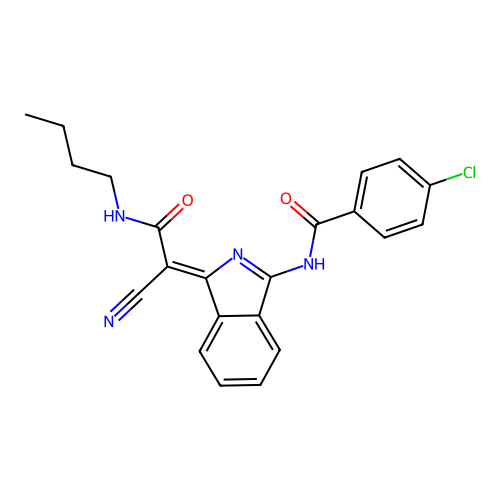 (Z)-N-(1-(2-(butylamino)-1-cyano-2-oxoethylidene)-1H-isoindol-3-yl)-4-chlorobenzamide structure