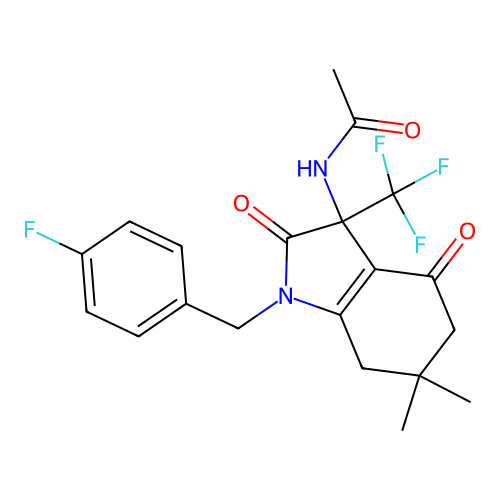 N-(1-(4-fluorobenzyl)-6,6-dimethyl-2,4-dioxo-3-(trifluoromethyl)-2,3,4,5,6,7-hexahydro-1H-indol-3-yl)acetamide structure