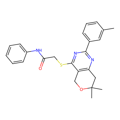 2-((7,7-dimethyl-2-(m-tolyl)-7,8-dihydro-5H-pyrano[4,3-d]pyrimidin-4-yl)thio)-N-phenylacetamide structure
