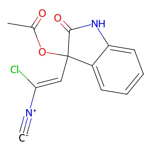 [3-[(Z)-2-chloro-2-isocyanoethenyl]-2-oxo-1H-indol-3-yl] acetate structure