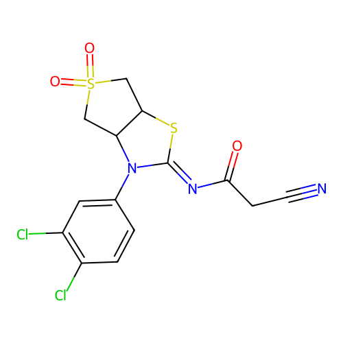 (Z)-2-cyano-N-(3-(3,4-dichlorophenyl)-5,5-dioxidotetrahydrothieno[3,4-d]thiazol-2(3H)-ylidene)acetamide structure