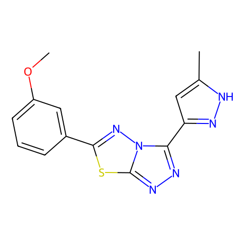 6-(3-methoxyphenyl)-3-(3-methyl-1H-pyrazol-5-yl)[1,2,4]triazolo[3,4-b][1,3,4]thiadiazole structure
