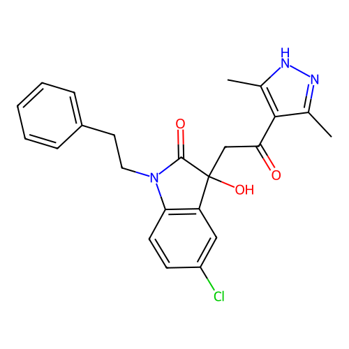 5-chloro-3-[2-(3,5-dimethyl-1H-pyrazol-4-yl)-2-oxoethyl]-3-hydroxy-1-(2-phenylethyl)-1,3-dihydro-2H-indol-2-one structure