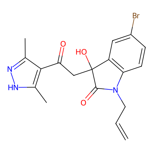 5-bromo-3-[2-(3,5-dimethyl-1H-pyrazol-4-yl)-2-oxoethyl]-3-hydroxy-1-(prop-2-en-1-yl)-1,3-dihydro-2H-indol-2-one structure