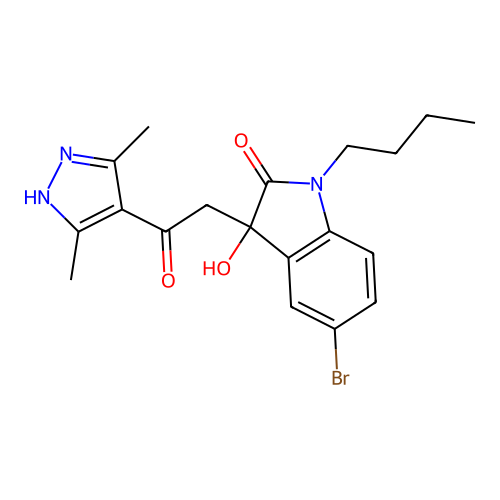 5-bromo-1-butyl-3-[2-(3,5-dimethyl-1H-pyrazol-4-yl)-2-oxoethyl]-3-hydroxy-1,3-dihydro-2H-indol-2-one structure