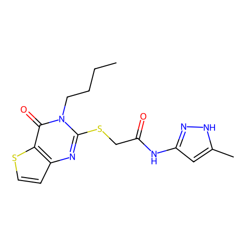 2-(3-butyl-4-oxothieno[3,2-d]pyrimidin-2-yl)sulfanyl-N-(5-methyl-1H-pyrazol-3-yl)acetamide structure