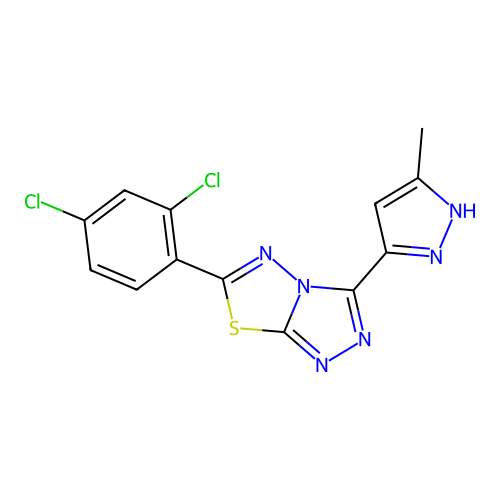 6-(2,4-dichlorophenyl)-3-(5-methyl-1H-pyrazol-3-yl)-[1,2,4]triazolo[3,4-b][1,3,4]thiadiazole structure