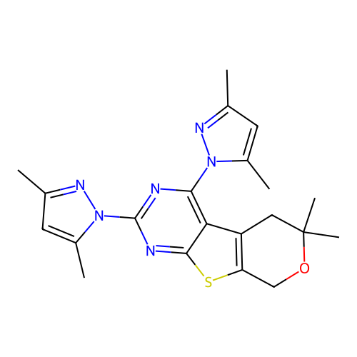 2,4-bis(3,5-dimethyl-1-pyrazolyl)-6,6-dimethyl-5,8-dihydropyrano[4,5]thieno[1,2-c]pyrimidine structure