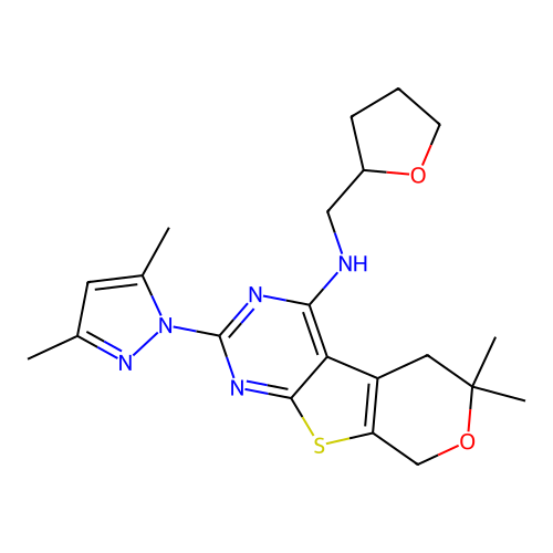 2-(3,5-dimethyl-1H-pyrazol-1-yl)-6,6-dimethyl-N-((tetrahydrofuran-2-yl)methyl)-6,8-dihydro-5H-pyrano[4',3':4,5]thieno[2,3-d]pyrimidin-4-amine structure
