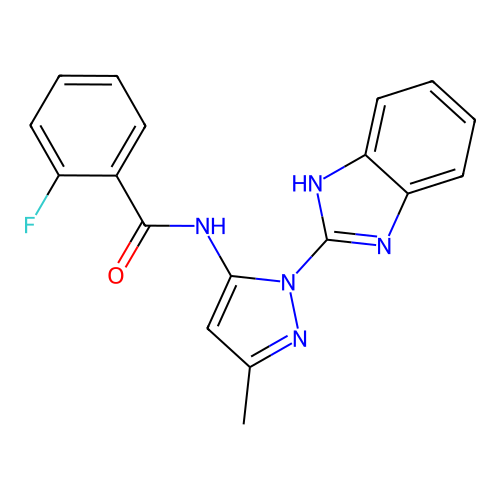 N-[1-(1H-benzimidazol-2-yl)-3-methyl-1H-pyrazol-5-yl]-2-fluorobenzamide structure