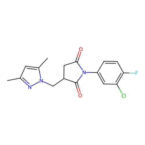 1-(3-chloro-4-fluorophenyl)-3-((3,5-dimethyl-1H-pyrazol-1-yl)methyl)pyrrolidine-2,5-dione structure
