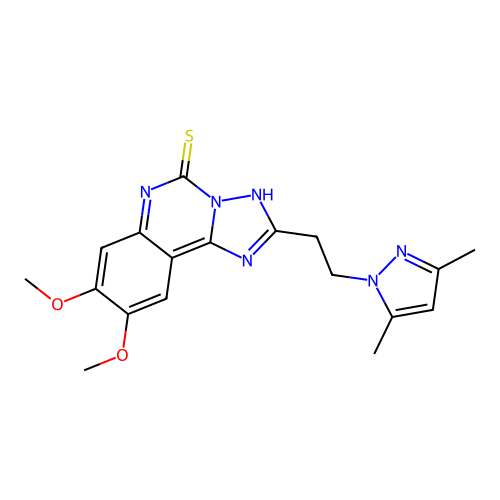 2-[2-(3,5-dimethyl-1H-pyrazol-1-yl)ethyl]-8,9-dimethoxy[1,2,4]triazolo[1,5-c]quinazoline-5(6H)-thione structure