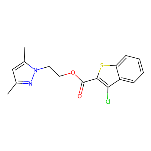 2-(3,5-dimethyl-1H-pyrazol-1-yl)ethyl 3-chloro-1-benzothiophene-2-carboxylate structure