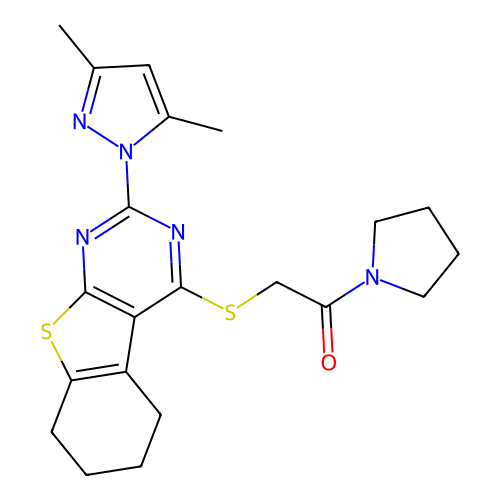 2-((2-(3,5-dimethyl-1H-pyrazol-1-yl)-5,6,7,8-tetrahydrobenzo[4,5]thieno[2,3-d]pyrimidin-4-yl)thio)-1-(pyrrolidin-1-yl)ethanone structure