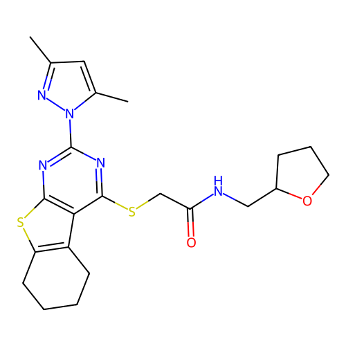 2-((2-(3,5-dimethyl-1H-pyrazol-1-yl)-5,6,7,8-tetrahydrobenzo[4,5]thieno[2,3-d]pyrimidin-4-yl)thio)-N-((tetrahydrofuran-2-yl)methyl)acetamide structure