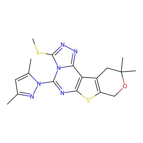 5-(3,5-dimethyl-1H-pyrazol-1-yl)-10,10-dimethyl-3-(methylsulfanyl)-10,11-dihydro-8H-pyrano[4',3':4,5]thieno[3,2-e][1,2,4]triazolo[4,3-c]pyrimidine structure
