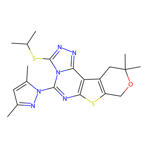 5-(3,5-dimethyl-1H-pyrazol-1-yl)-10,10-dimethyl-3-(propan-2-ylsulfanyl)-10,11-dihydro-8H-pyrano[4',3':4,5]thieno[3,2-e][1,2,4]triazolo[4,3-c]pyrimidine structure