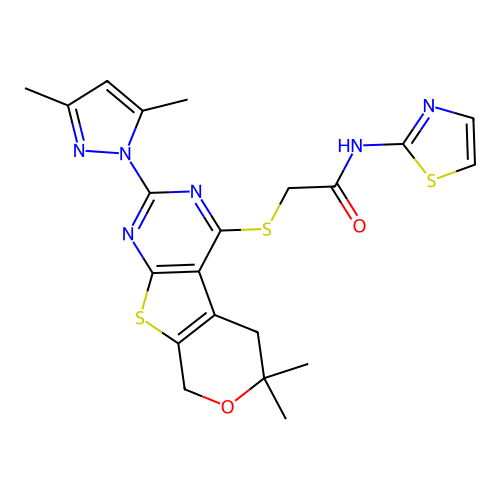 2-[[2-(3,5-dimethyl-1-pyrazolyl)-6,6-dimethyl-5,8-dihydropyrano[2,3]thieno[2,4-b]pyrimidin-4-yl]thio]-N-(2-thiazolyl)acetamide structure
