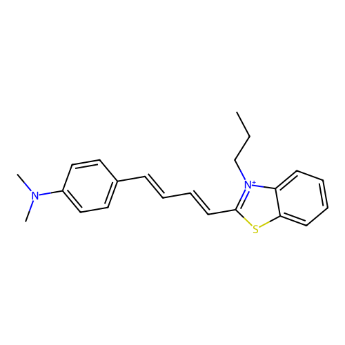 2-(4-(4-N,N-dimethylanilinyl)-1,3-butadienyl)-3-propyl-benzothiazolium structure