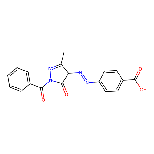 4-[(1-benzoyl-3-methyl-5-oxo-4H-pyrazol-4-yl)diazenyl]benzoic acid structure