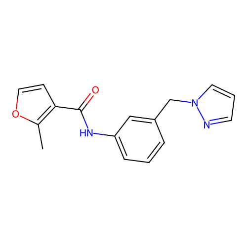2-methyl-N-[3-(pyrazol-1-ylmethyl)phenyl]furan-3-carboxamide structure