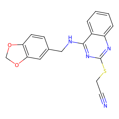 2-[4-(1,3-Benzodioxol-5-ylmethylamino)quinazolin-2-yl]sulfanylacetonitrile structure