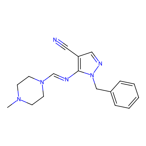 (E)-1-benzyl-5-(((4-methylpiperazin-1-yl)methylene)amino)-1H-pyrazole-4-carbonitrile structure