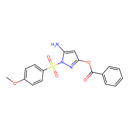 Benzoic acid 5-amino-1-(4-methoxy-benzenesulfonyl)-1H-pyrazol-3-yl ester structure