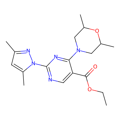 ethyl 2-(3,5-dimethyl-1H-pyrazol-1-yl)-4-(2,6-dimethylmorpholino)pyrimidine-5-carboxylate structure
