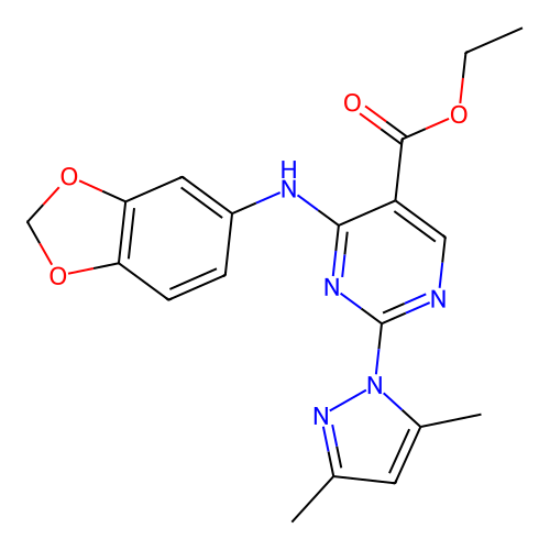 ethyl 4-(1,3-benzodioxol-5-ylamino)-2-(3,5-dimethylpyrazol-1-yl)pyrimidine-5-carboxylate structure