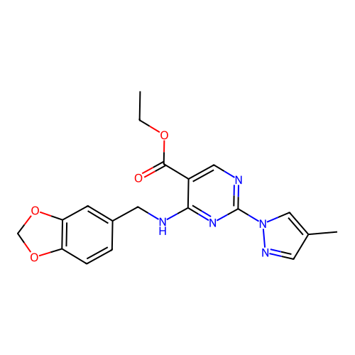 ethyl 4-(1,3-benzodioxol-5-ylmethylamino)-2-(4-methylpyrazol-1-yl)pyrimidine-5-carboxylate structure