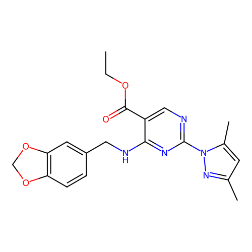 ethyl 4-(1,3-benzodioxol-5-ylmethylamino)-2-(3,5-dimethylpyrazol-1-yl)pyrimidine-5-carboxylate structure