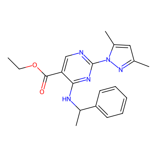 ethyl 2-(3,5-dimethylpyrazol-1-yl)-4-(1-phenylethylamino)pyrimidine-5-carboxylate structure