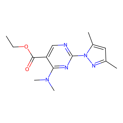 Ethyl 4-(dimethylamino)-2-(3,5-dimethylpyrazol-1-yl)pyrimidine-5-carboxylate structure