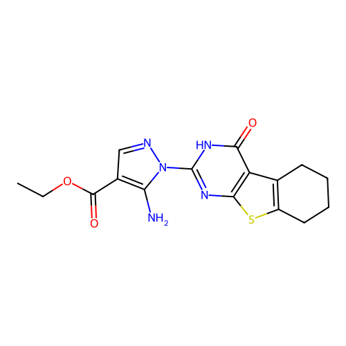 ethyl 5-amino-1-(4-oxo-3,4,5,6,7,8-hexahydro[1]benzothieno[2,3-d]pyrimidin-2-yl)-1H-pyrazole-4-carboxylate structure